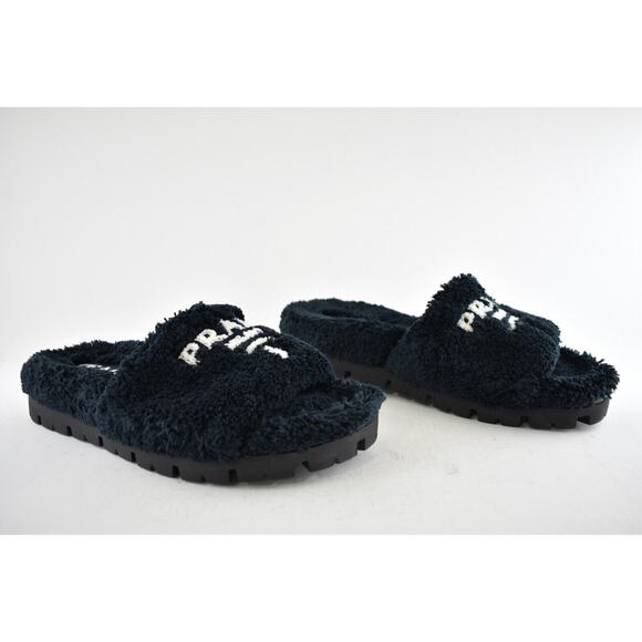 Prada Black Terry Cloth White Logo Slide Sandal Rubber Flip Flop Flat UK12 US 13 - Picture 4 of 12